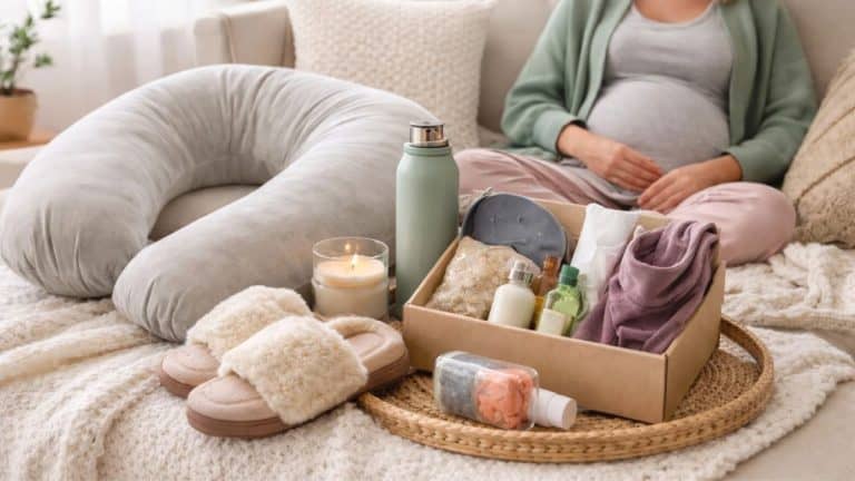 pregnant woman surrounded by gifts
