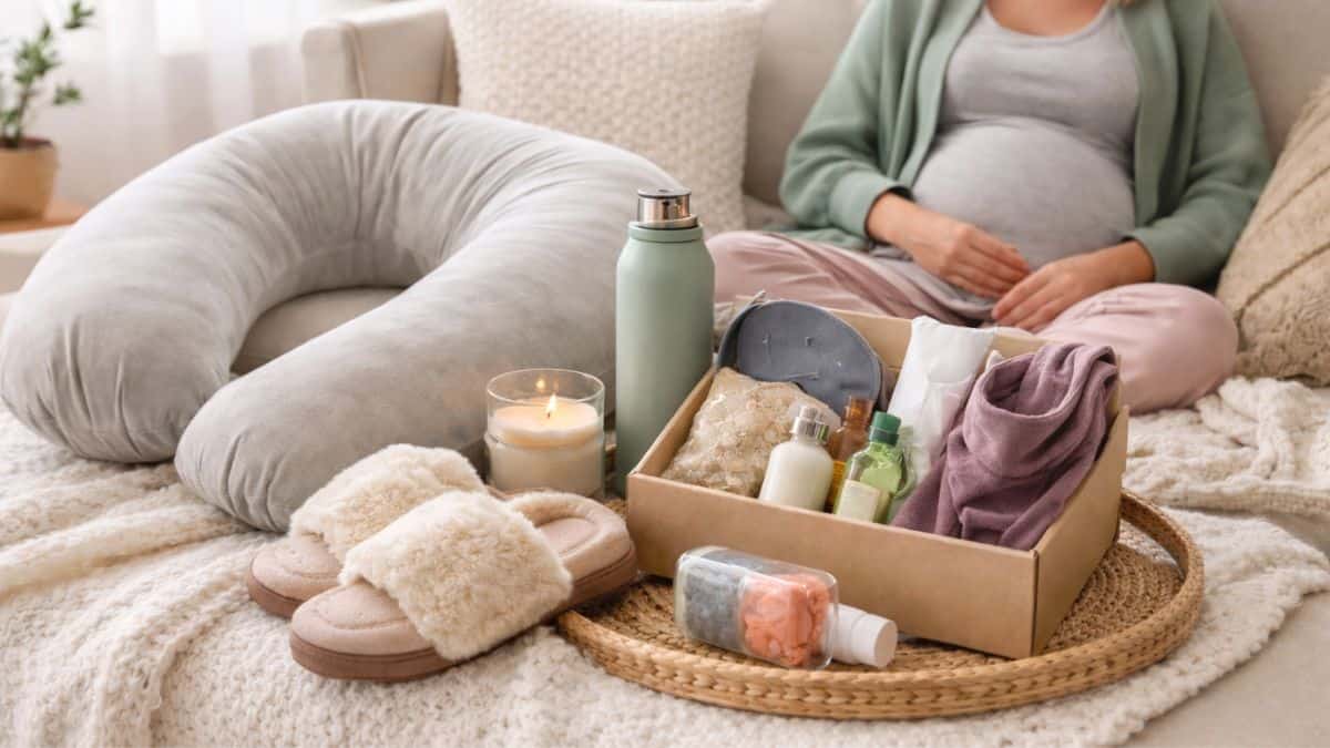 pregnant woman surrounded by gifts
