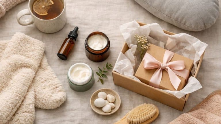 third trimester gift ideas including tea, blanket, skincare, and comfort items