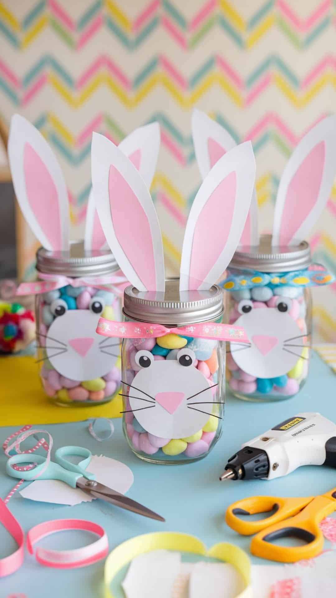 mason jar with bunny ears filled with Easter candy