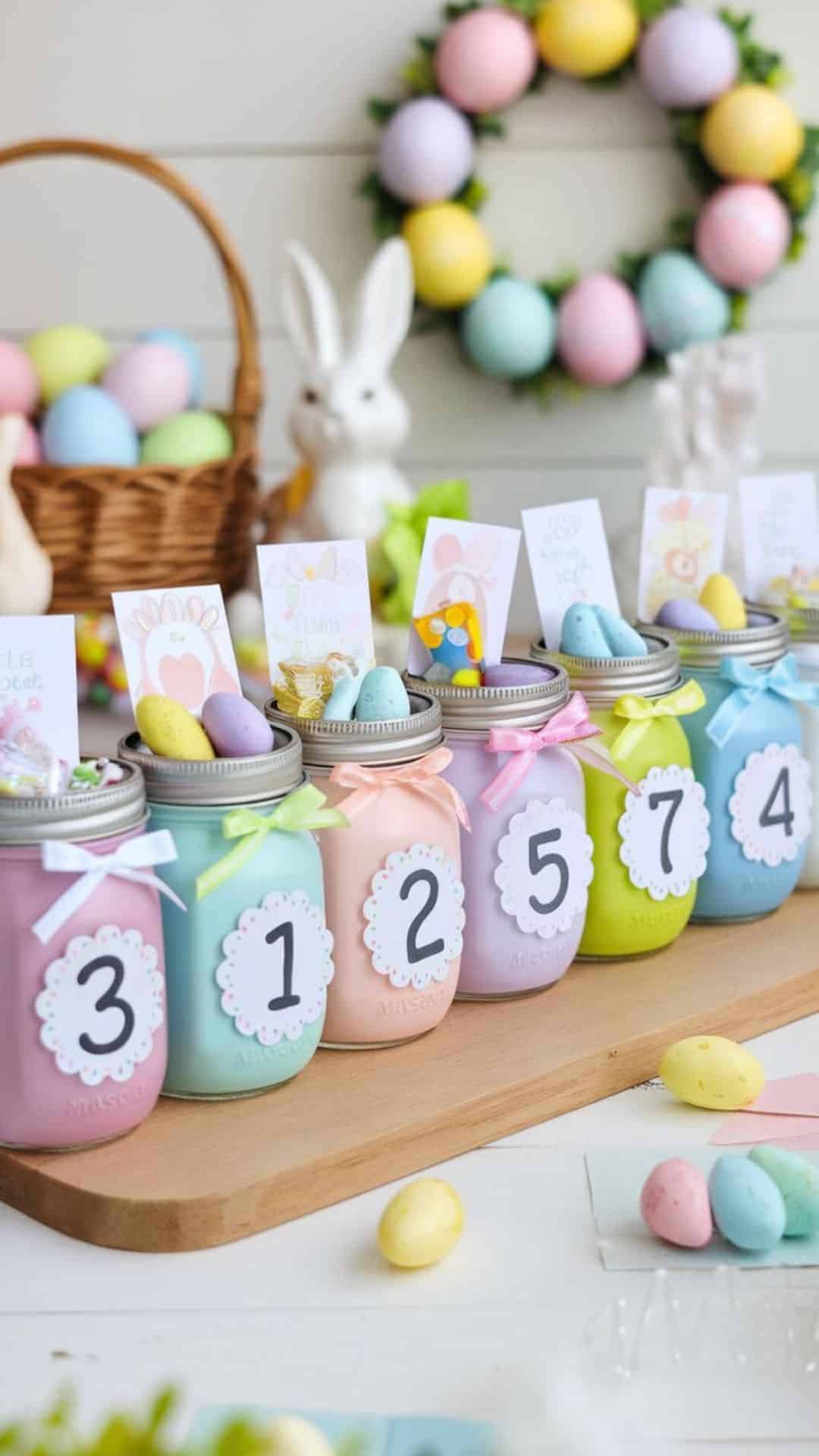 Easter countdown mason jars labeled with numbers and filled with treats