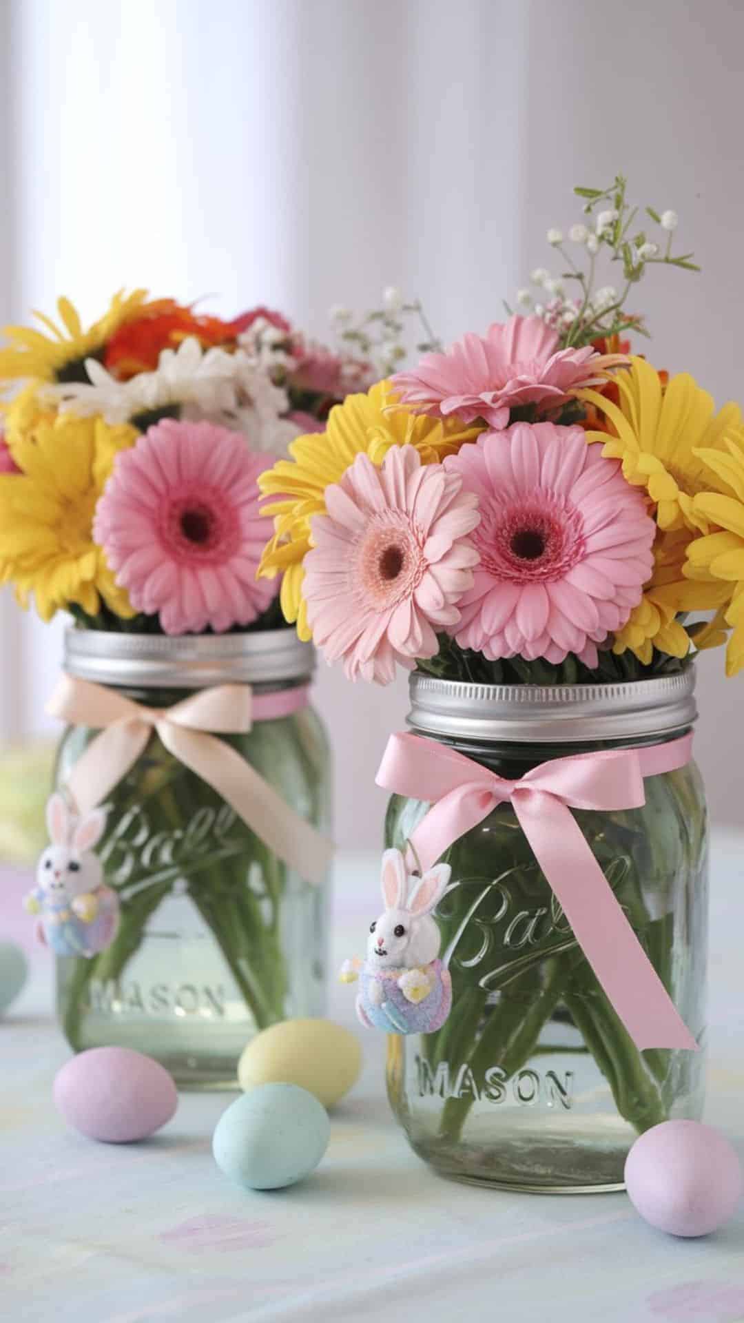 mason jar Easter flower vase with colorful spring flowers and pastel ribbon