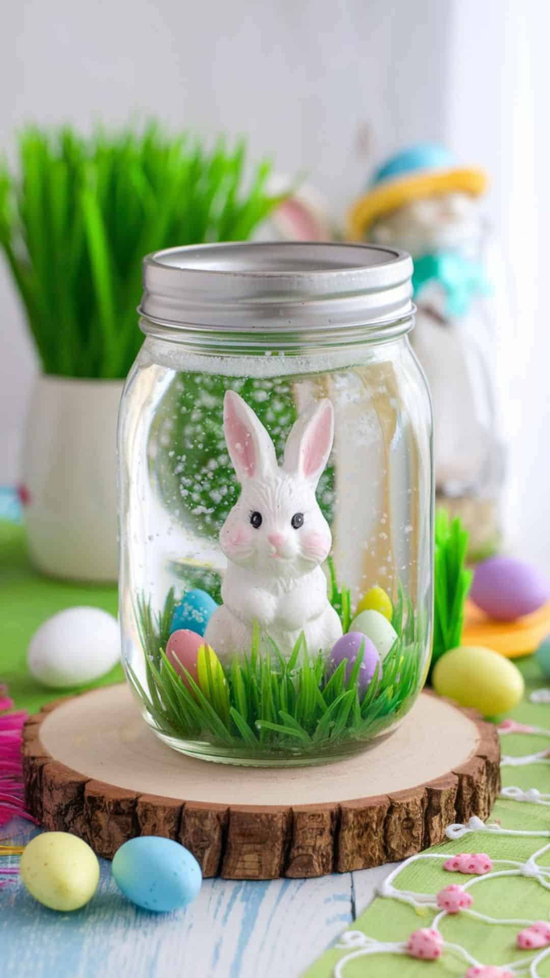 Easter mason jar snow globe with bunny figurine and glitter