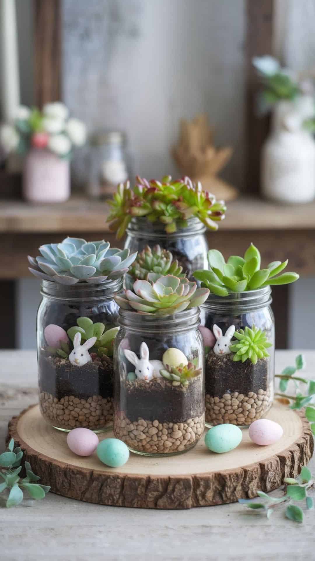 Easter mason jar terrarium with small plants and decorative eggs
