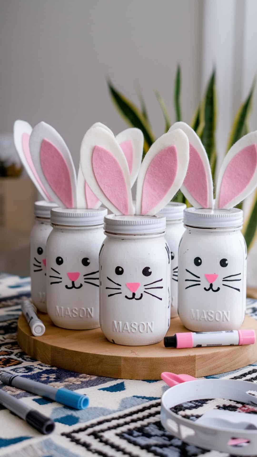 painted bunny mason jar craft with white jar bunny face and felt ears surrounded by pastel Easter eggs and flowers