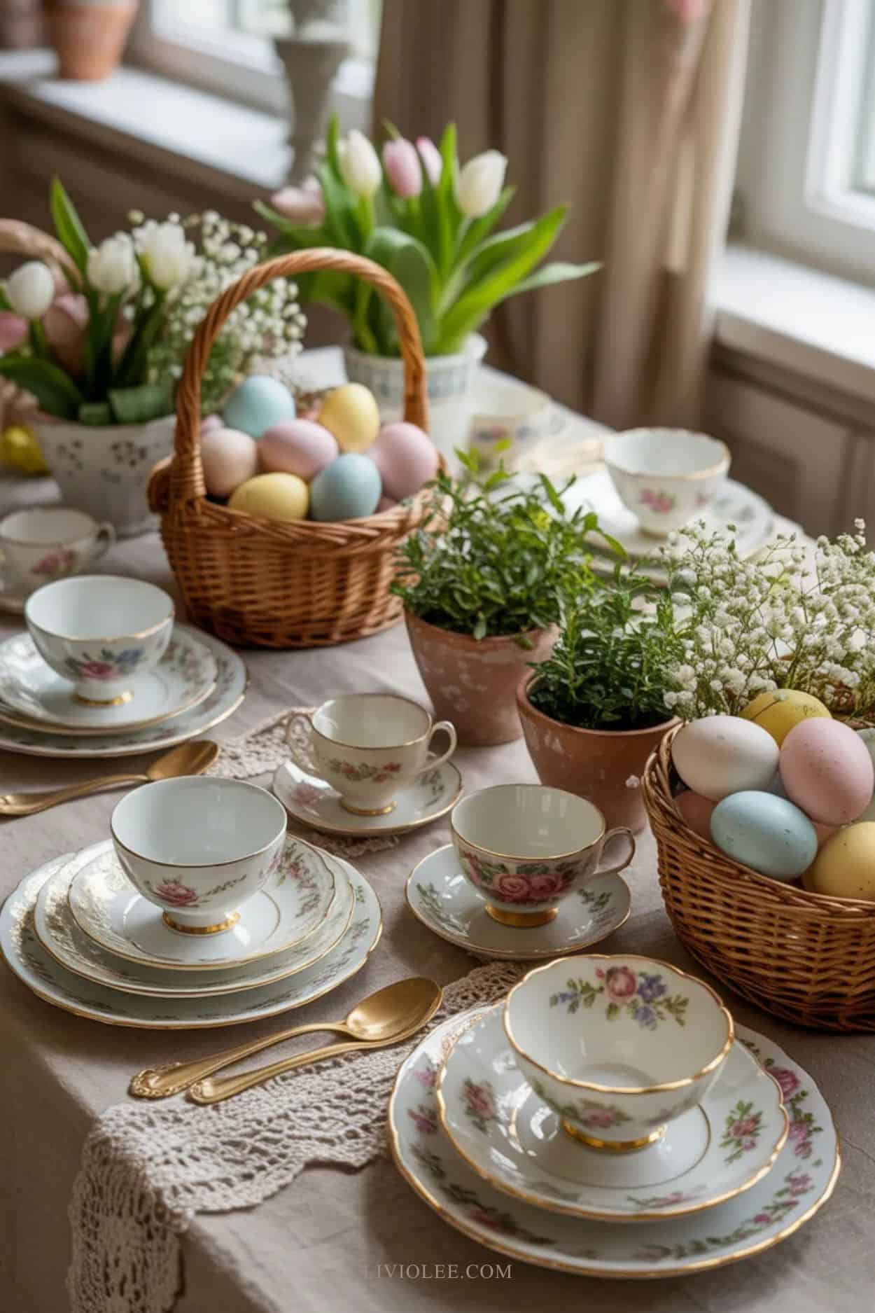 Vintage porcelain Easter tablescape with floral china plates, lace table runner, woven baskets, and pastel eggs