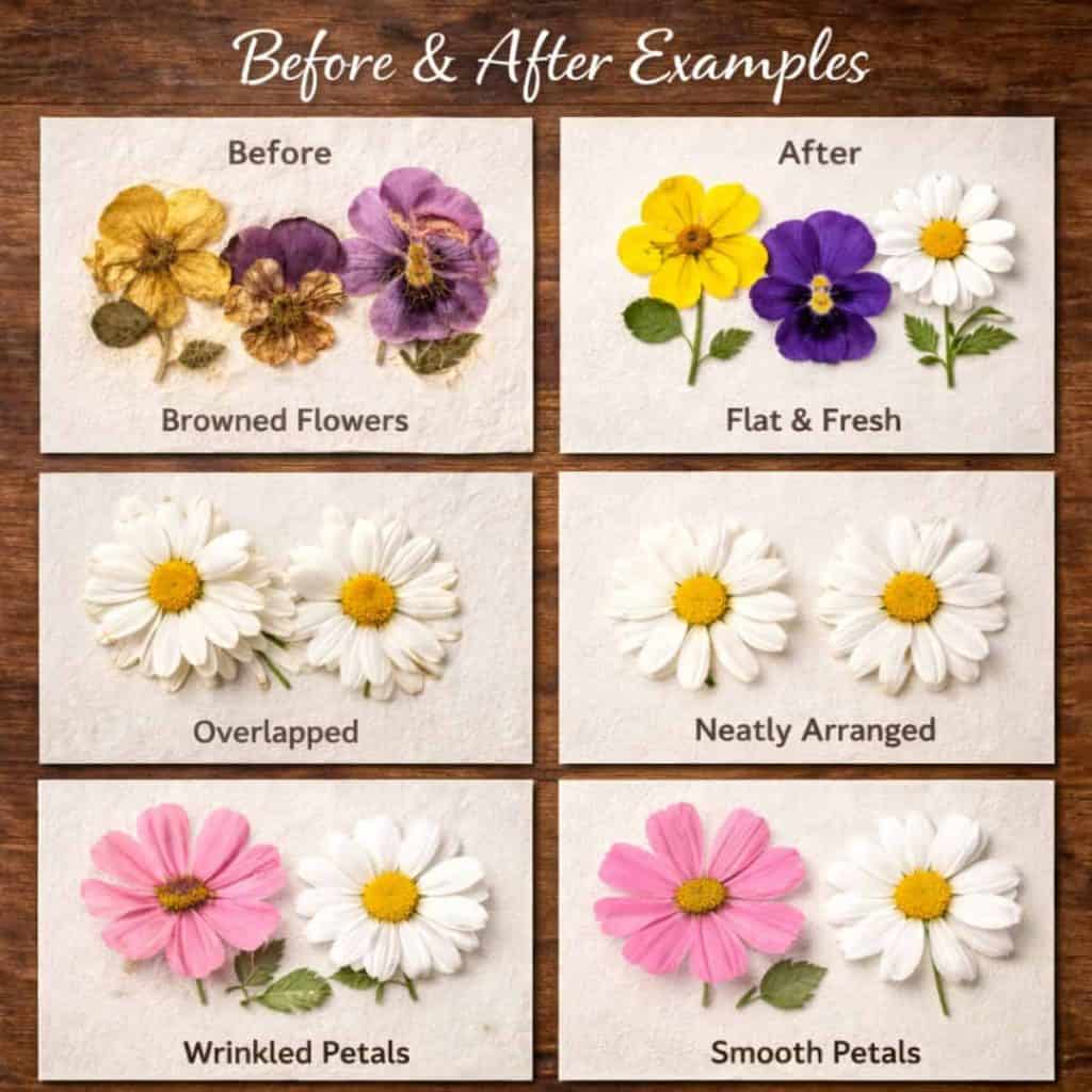 before and after examples showing common pressed flower problems and solutions