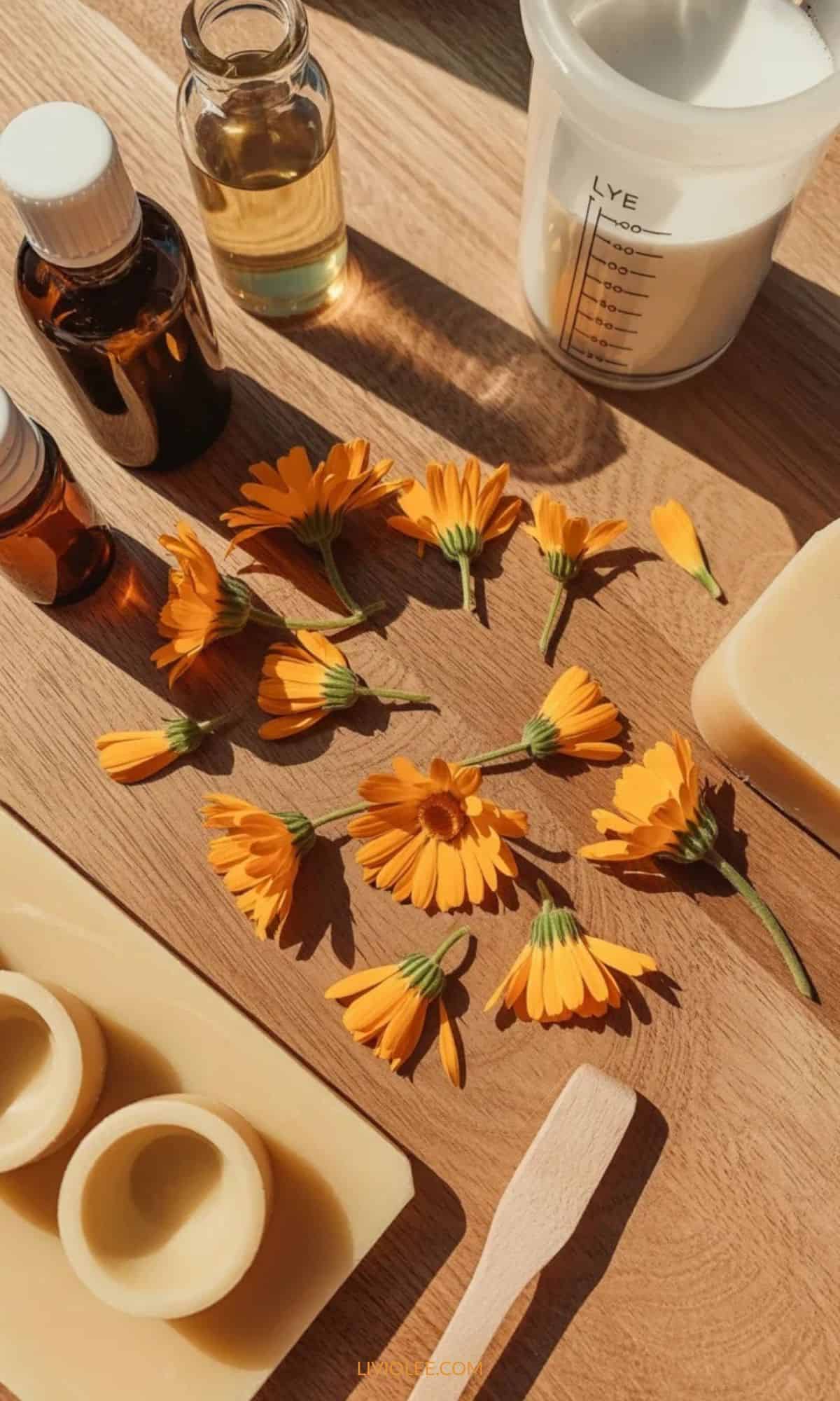 Soap-making materials for calendula soap, featuring nourishing oils, dried calendula petals, and basic tools ready for mixing