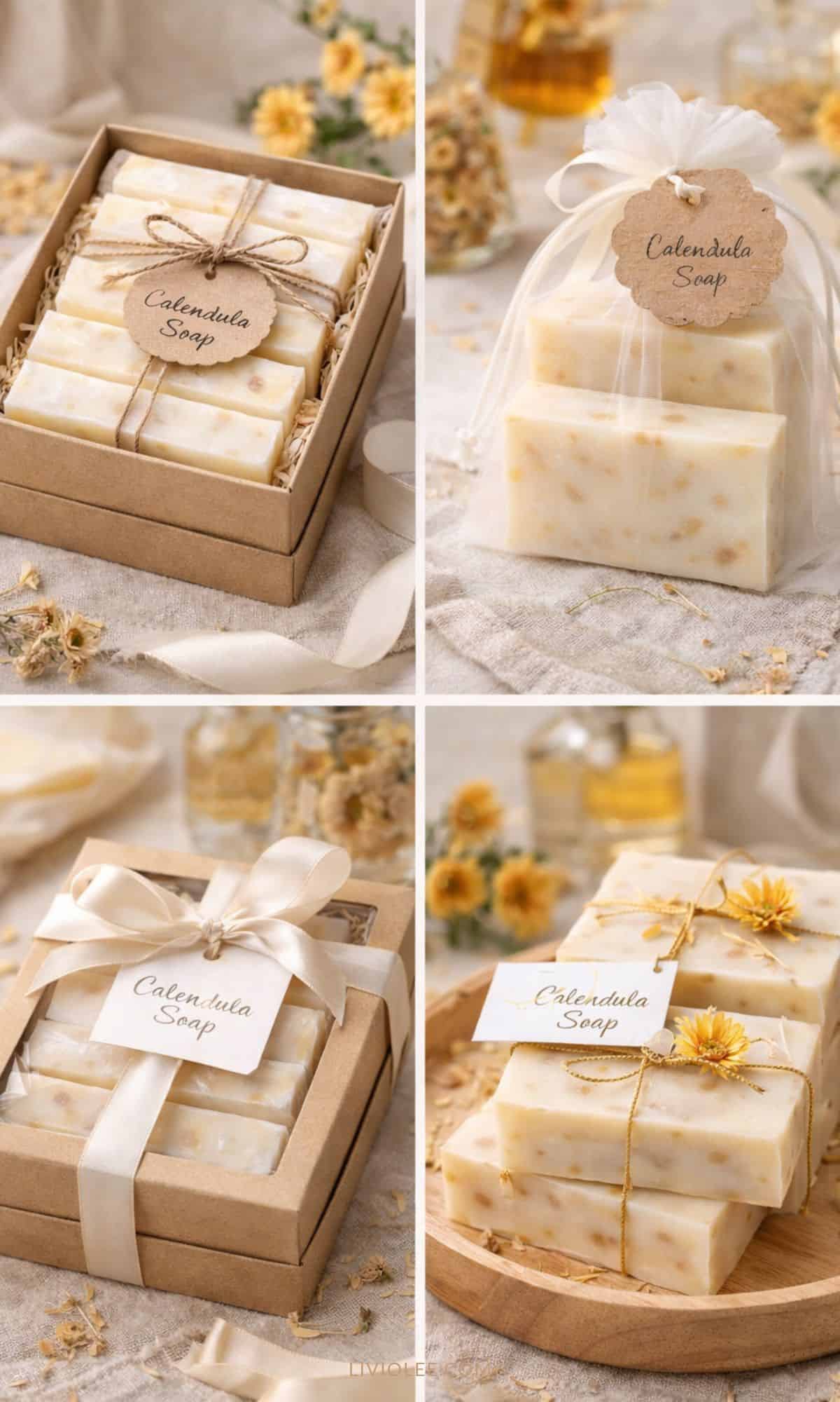 Handmade calendula soap displayed in four different gift-ready packaging styles, including boxes, organza bags, and ribbon-wrapped sets