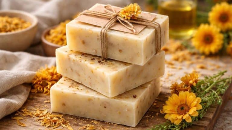 Handmade calendula soap bars wrapped for gifting, styled with dried calendula flowers and neutral tones for a soft, luxurious look
