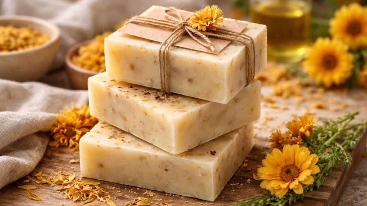 Handmade calendula soap bars wrapped for gifting, styled with dried calendula flowers and neutral tones for a soft, luxurious look