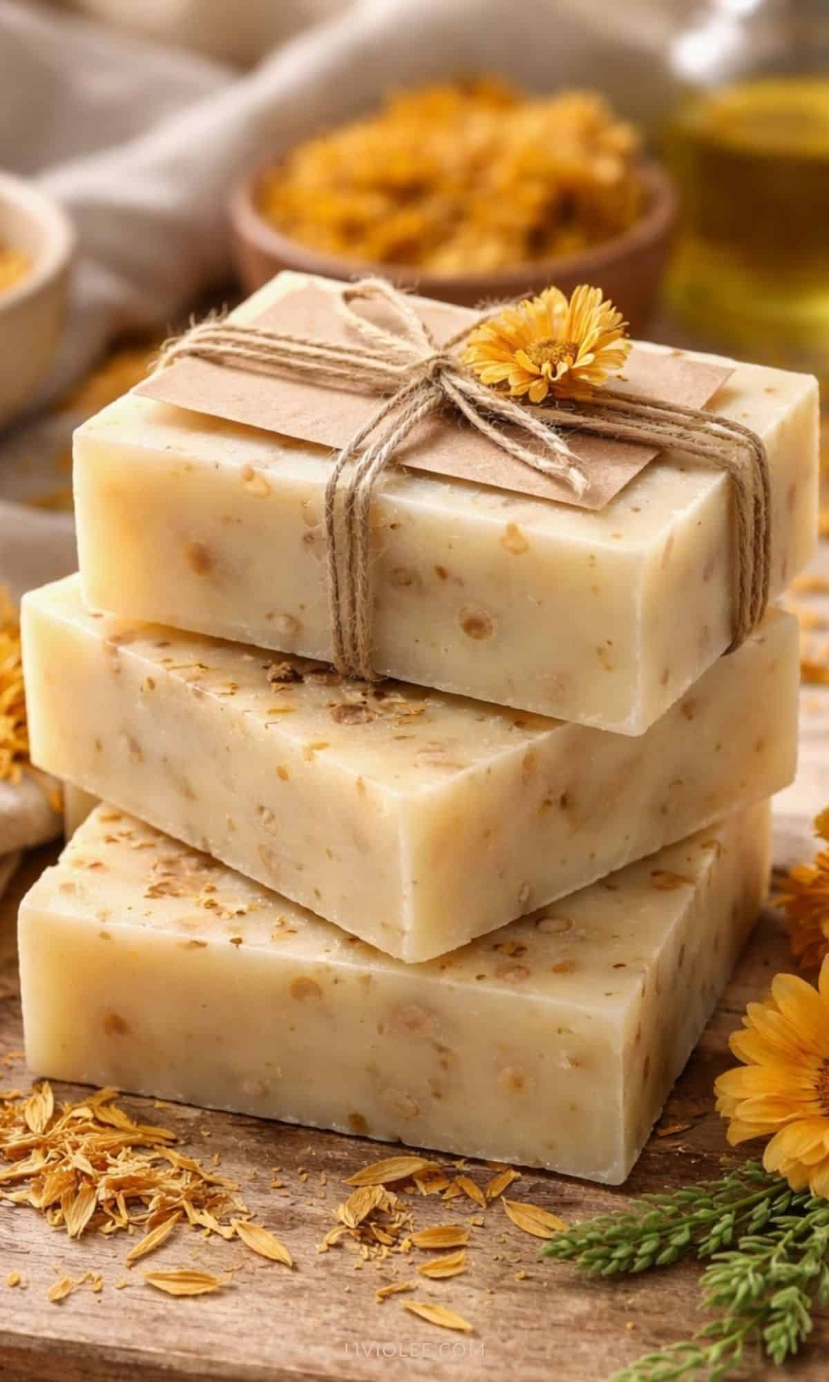 Handmade calendula soap bars wrapped for gifting, styled with dried calendula flowers and neutral tones for a soft, luxurious look