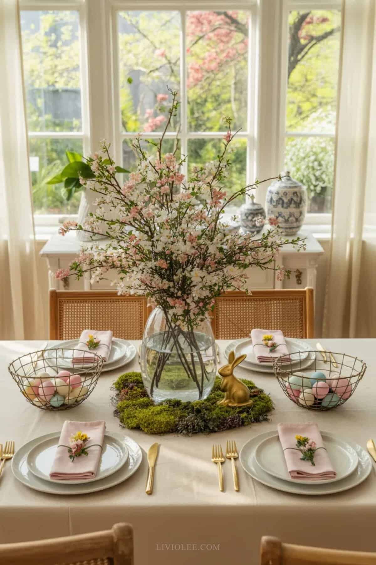Cherry blossom Easter tablescape with soft pink blossoms, white plates, crystal glasses, and delicate spring decor