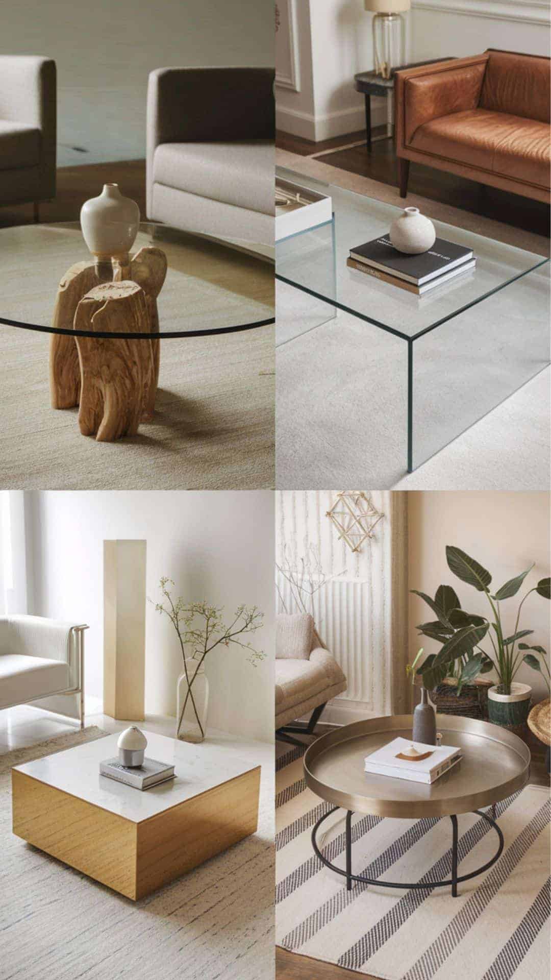 Four stylish coffee table designs in modern living rooms featuring glass, wood, marble, and metal tables styled with books, vases, and minimalist decor