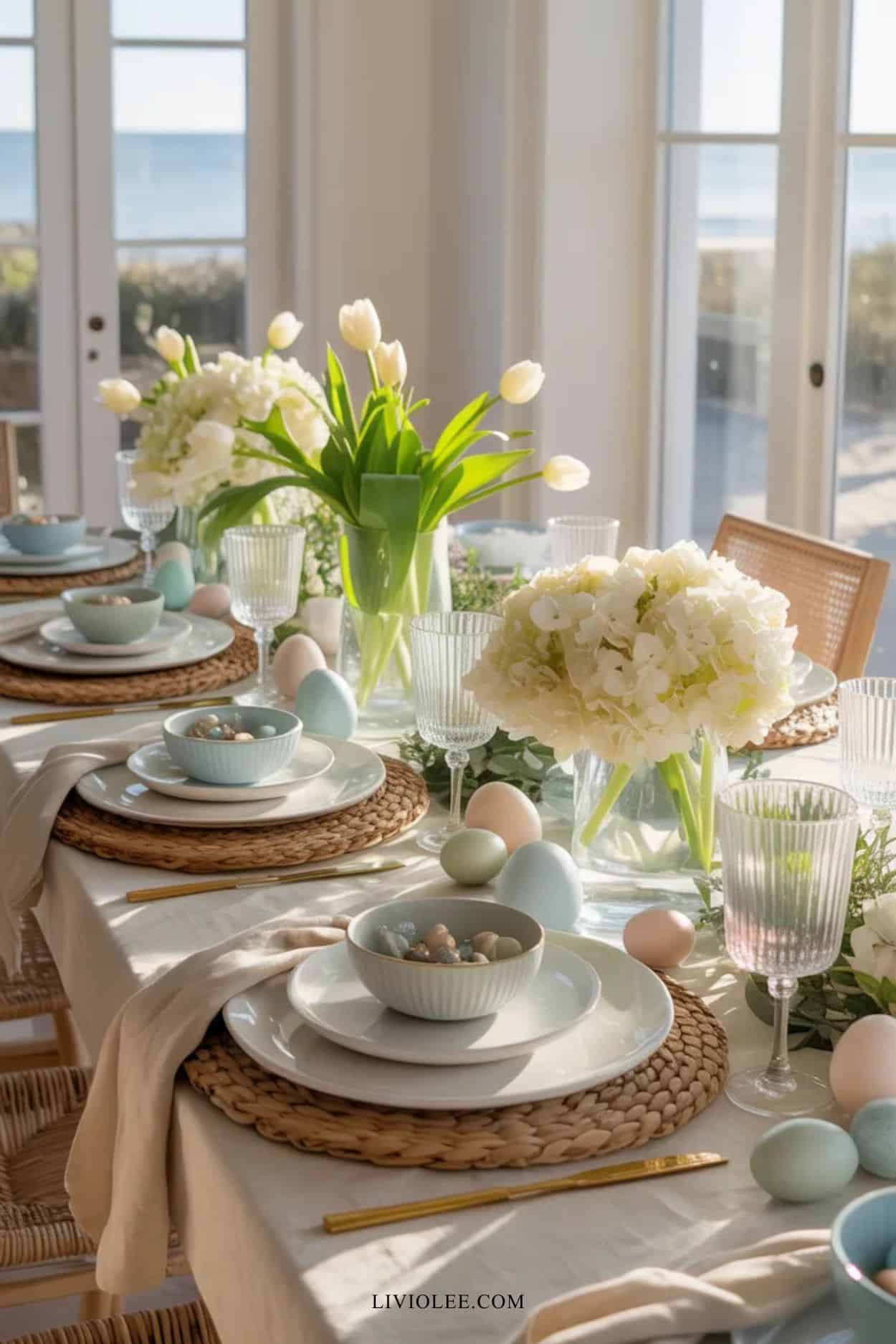 Coastal Easter tablescape with white linen, woven placemats, pale blue dishes, and soft spring flowers