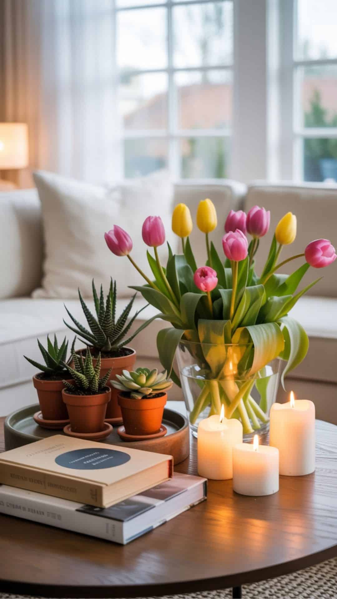 Coffee table styling with fresh tulips, small succulents, stacked books, and candles creating a warm natural centerpiece in a bright living room