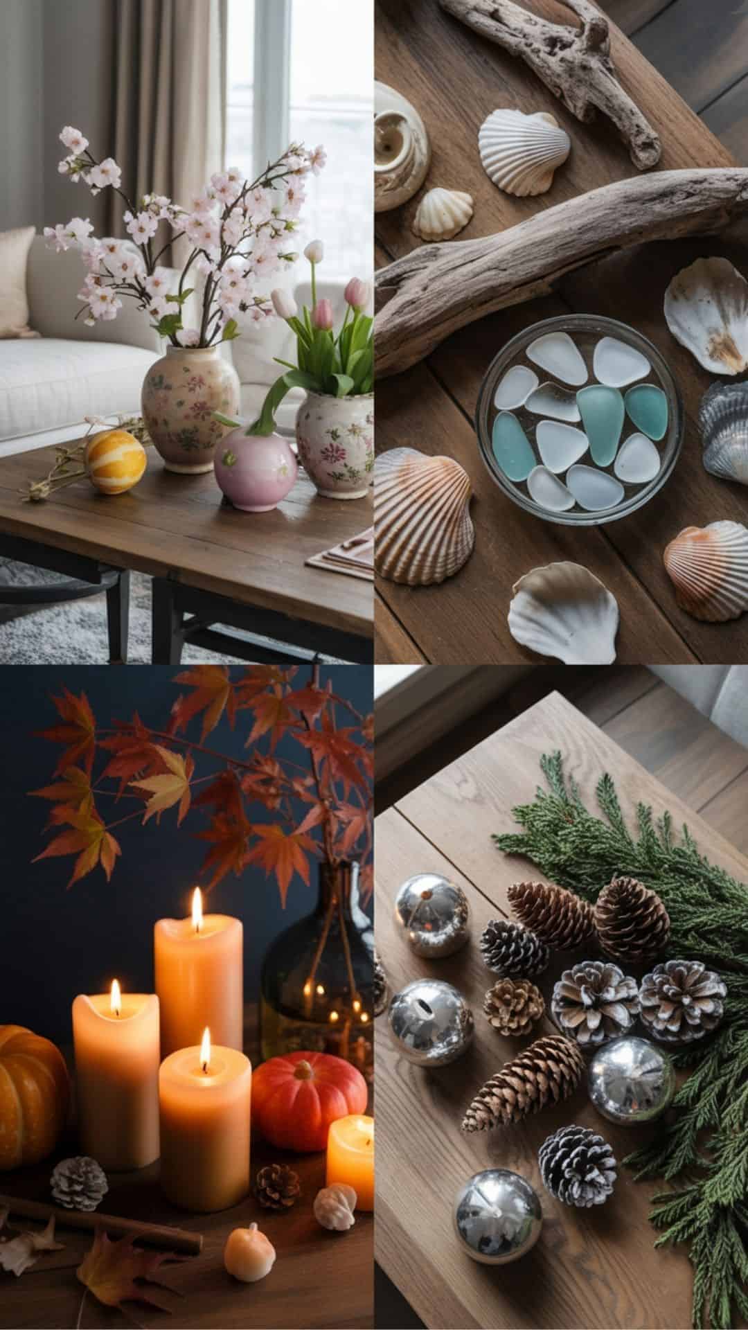 Seasonal coffee table decor collage featuring spring flowers, summer seashells, fall candles with pumpkins and leaves, and winter pinecones with evergreen branches