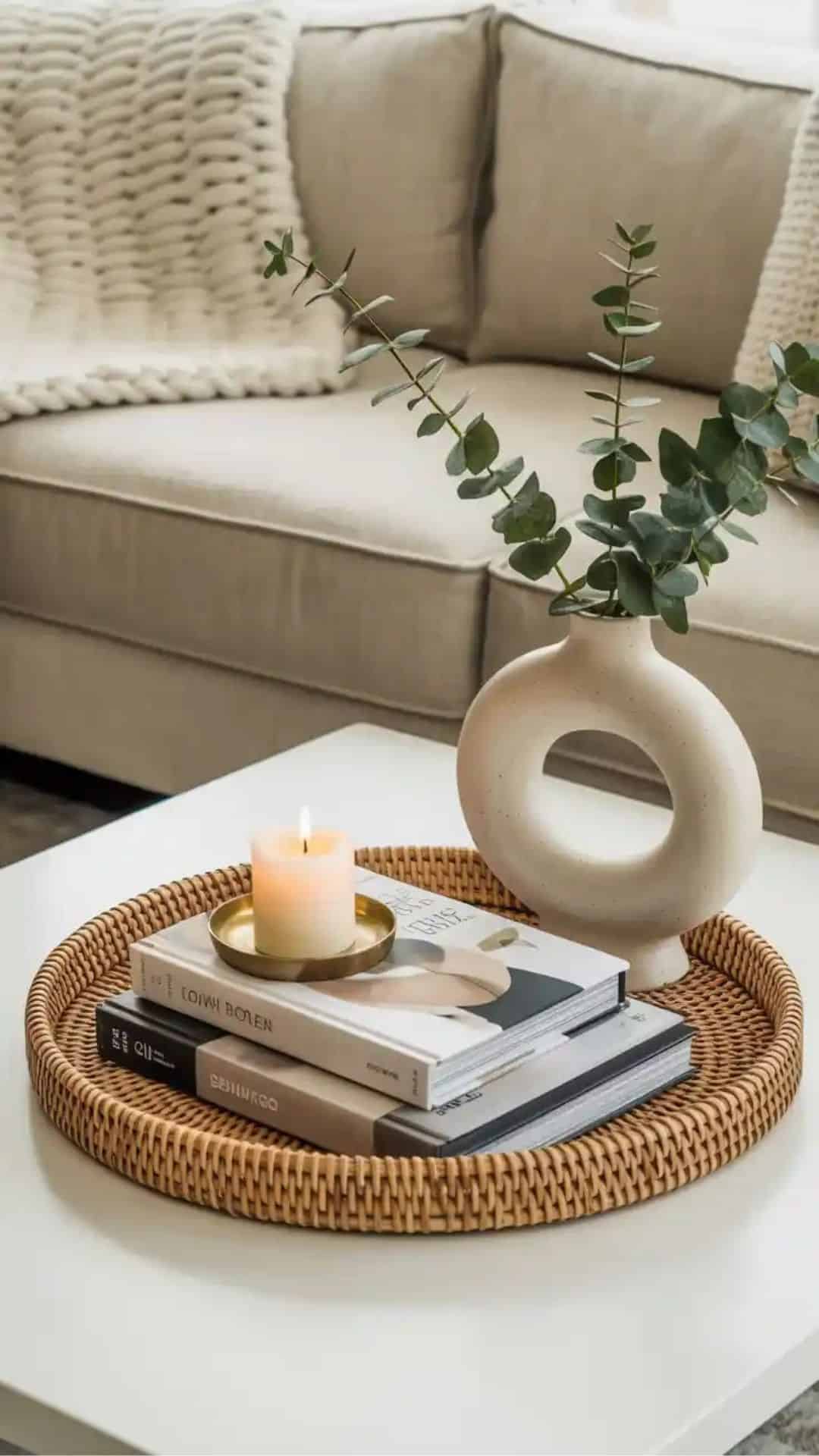 Rattan tray coffee table styling with stacked books, a small candle, and a ceramic vase with eucalyptus in a cozy neutral living room