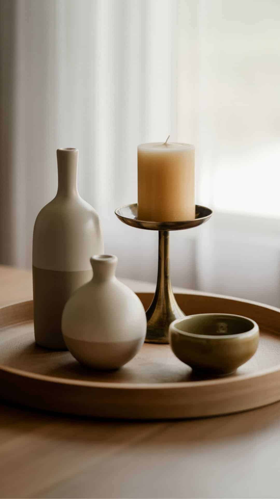 Coffee table tray styling with ceramic vases, a pillar candle on a brass holder, and a small bowl arranged at varied heights for balanced decor