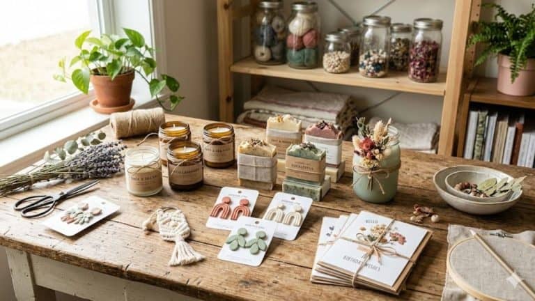 craft workspace with handmade candles, soap, jewelry, greeting cards, and DIY supplies arranged on a wooden table representing crafts