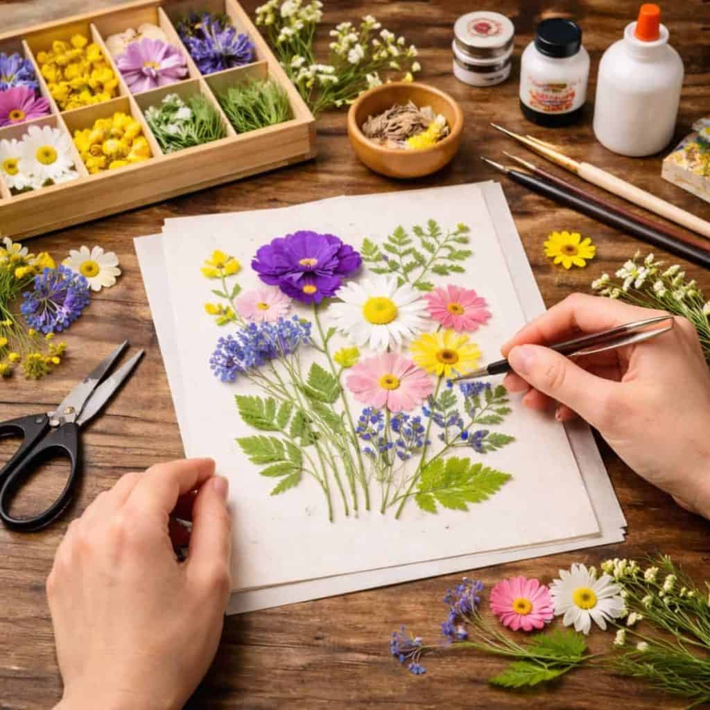 process of arranging pressed flowers on paper to create an artistic composition