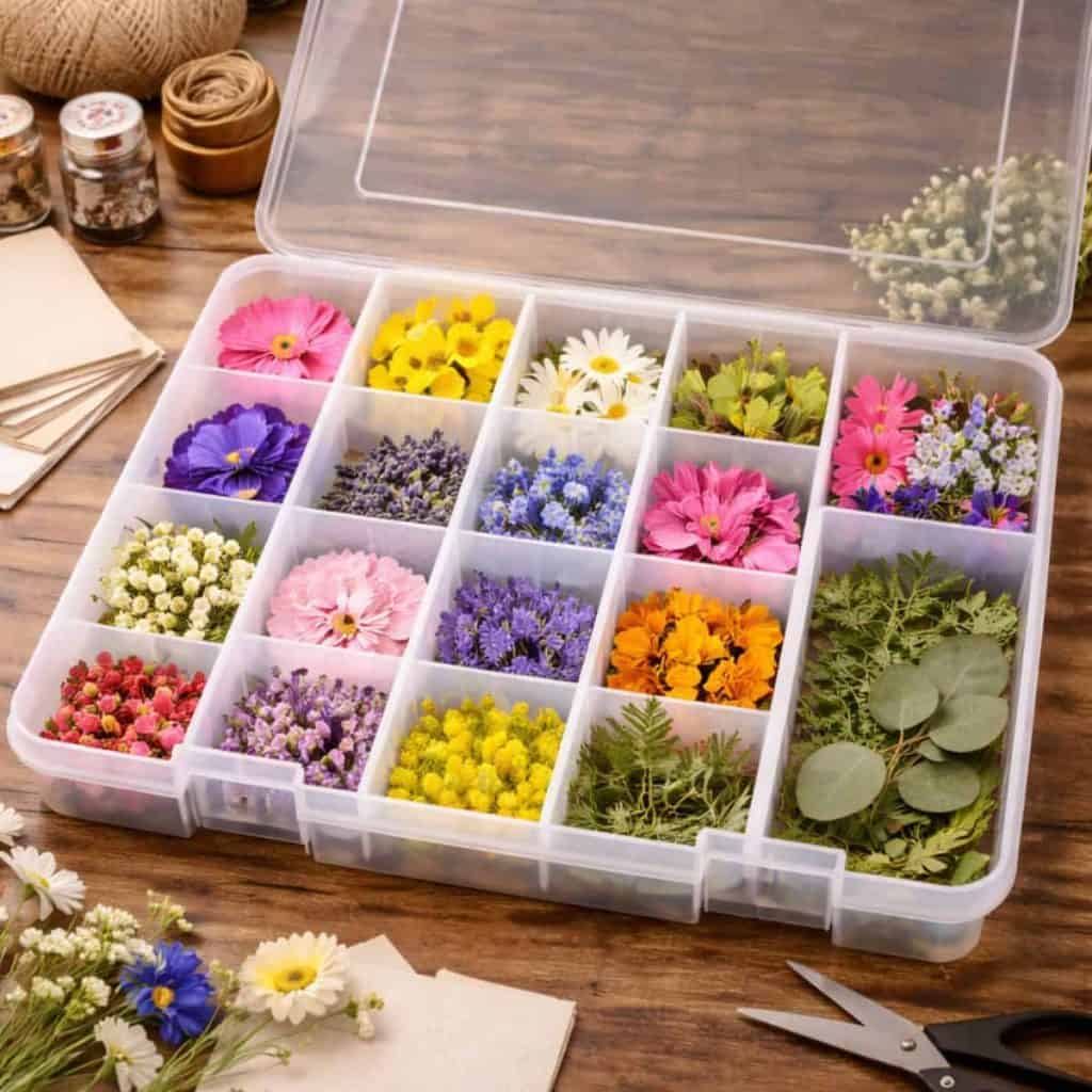 stored pressed flowers in an organized storage container with dividers