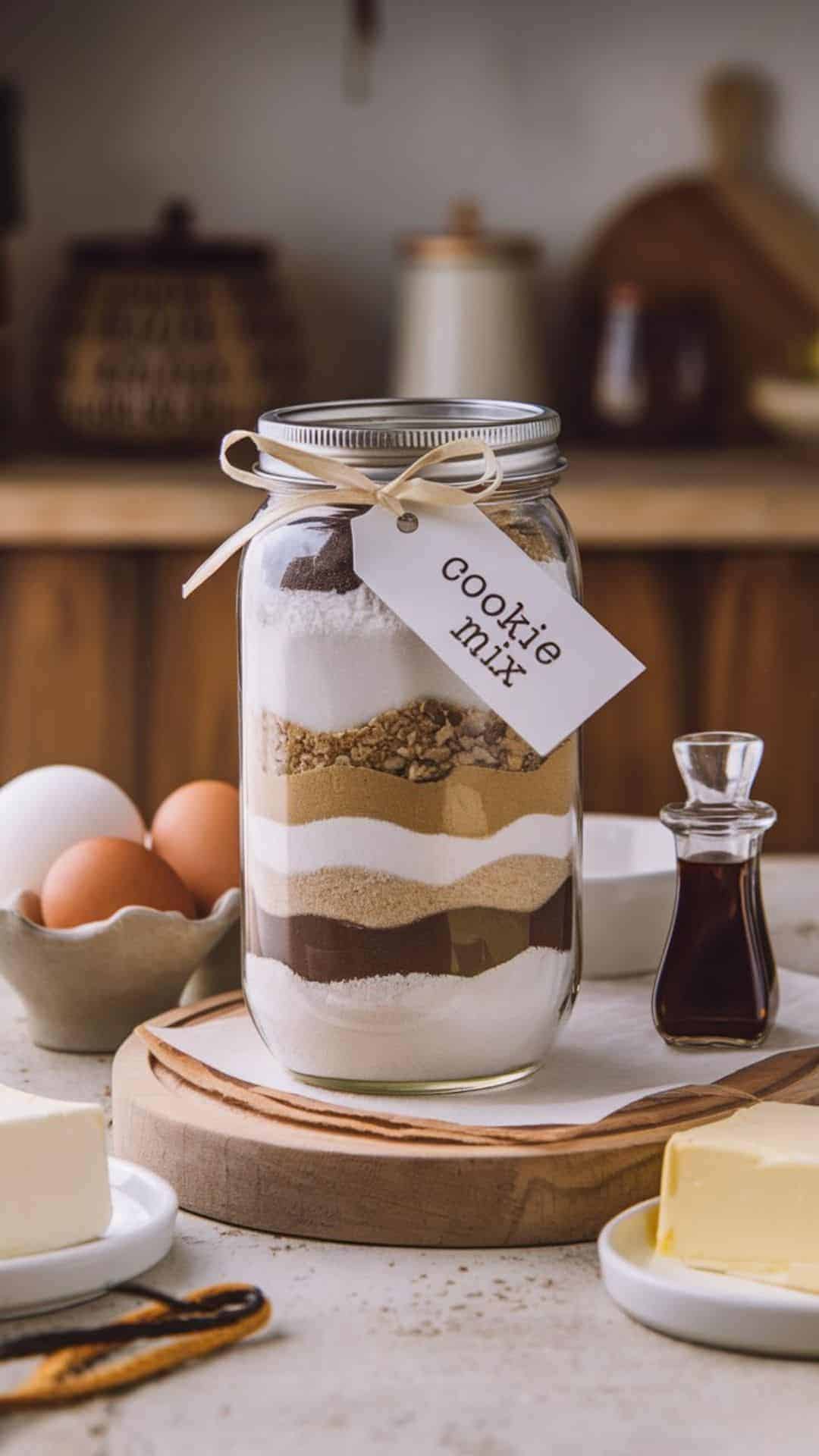 mason jar layered cookie mix gift with baking ingredients and ribbon