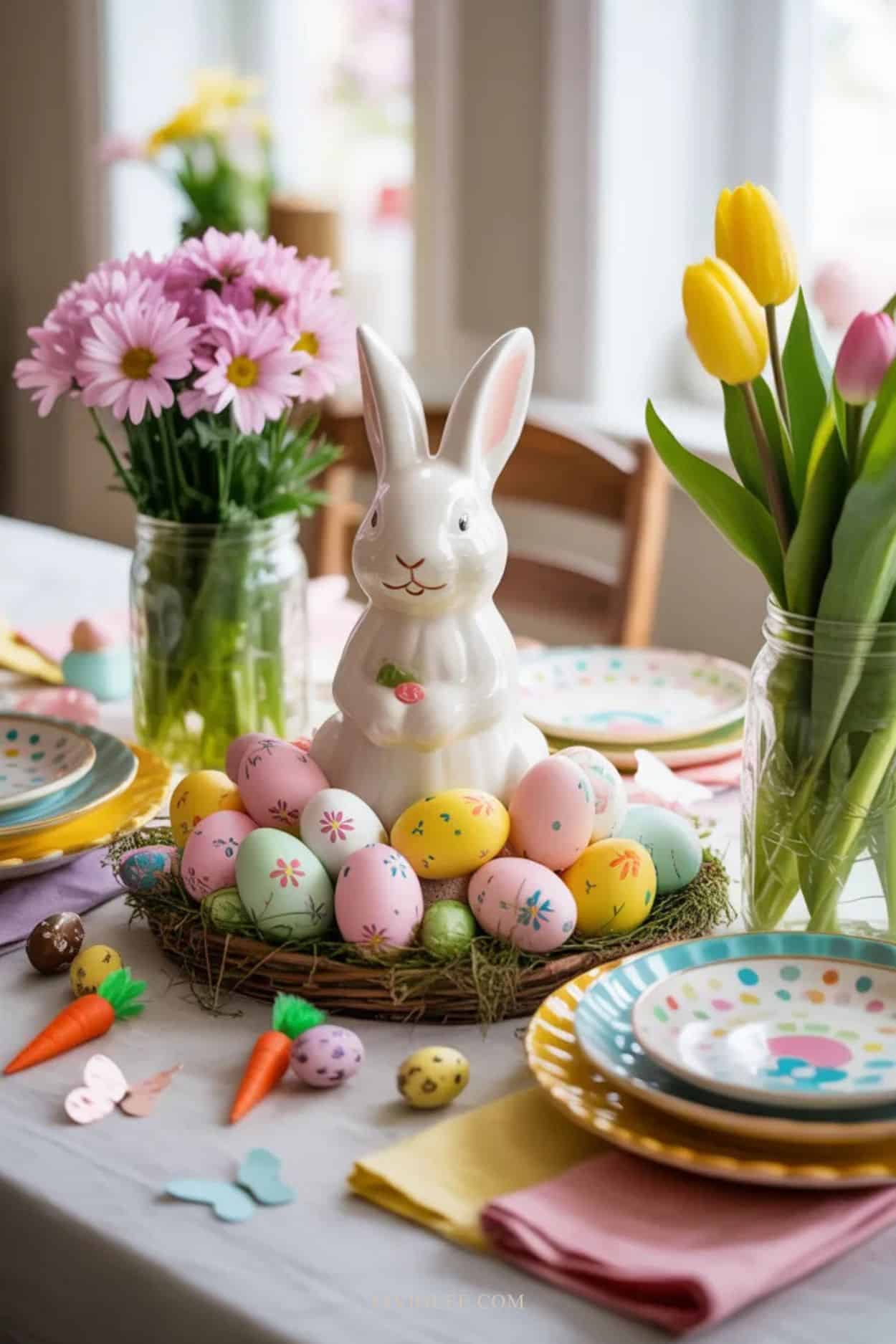 Whimsical Easter tablescape with bunny centerpiece, colorful eggs, spring flowers, and playful holiday table decor