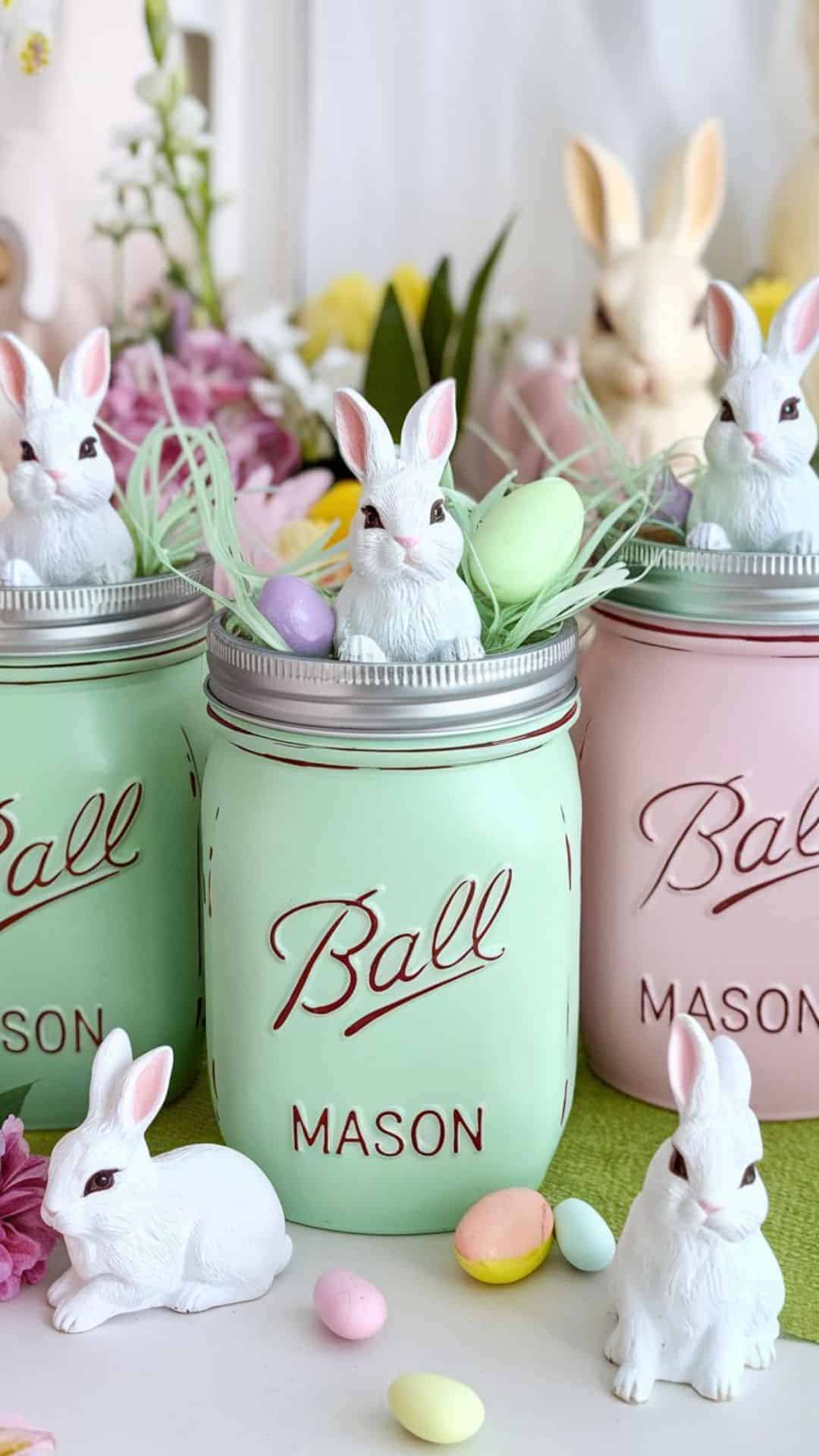 mason jar with bunny topper filled with jelly beans as Easter decoration