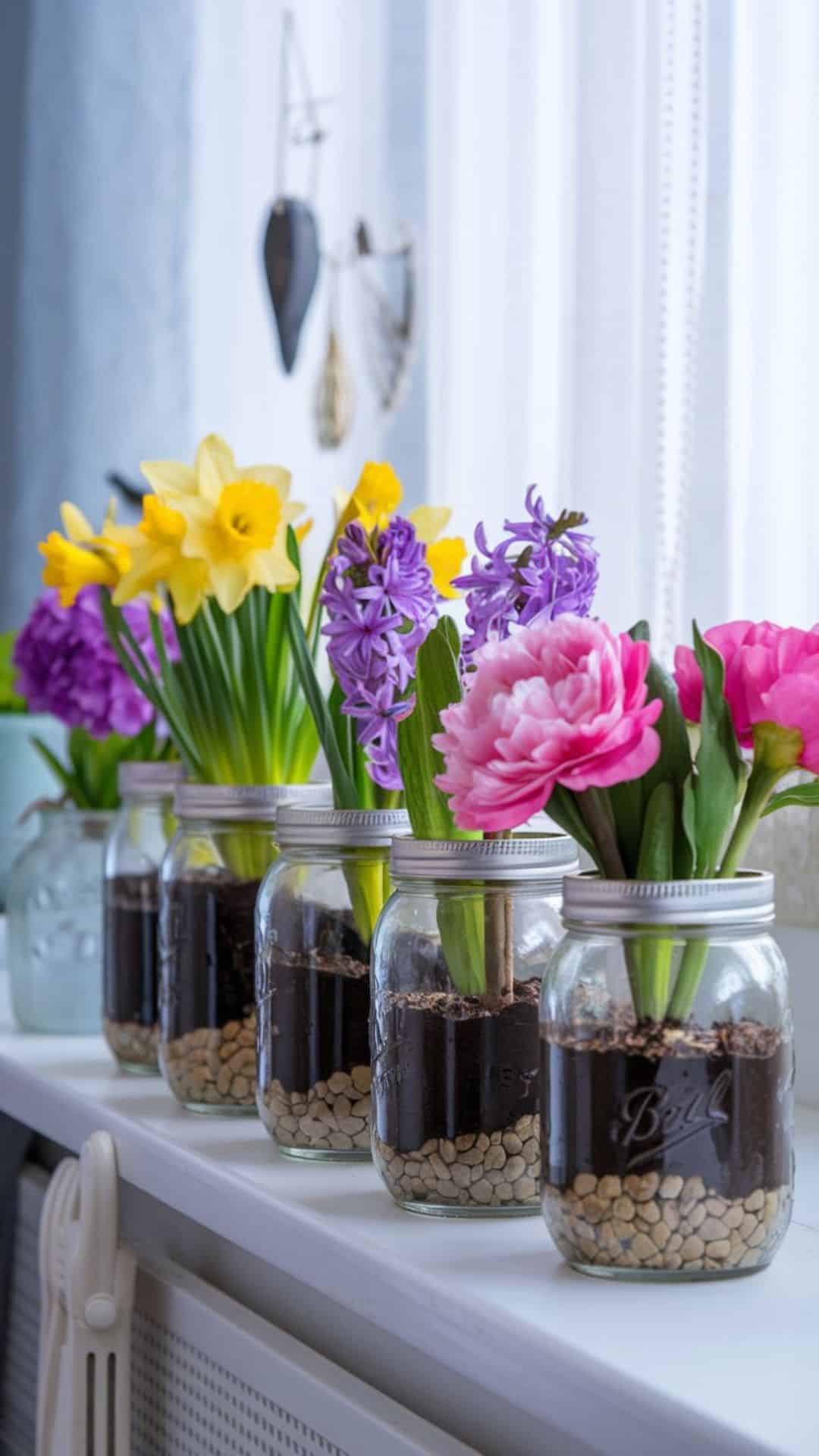 mason jar planter with small flowers displayed on sunny windowsill for spring decor