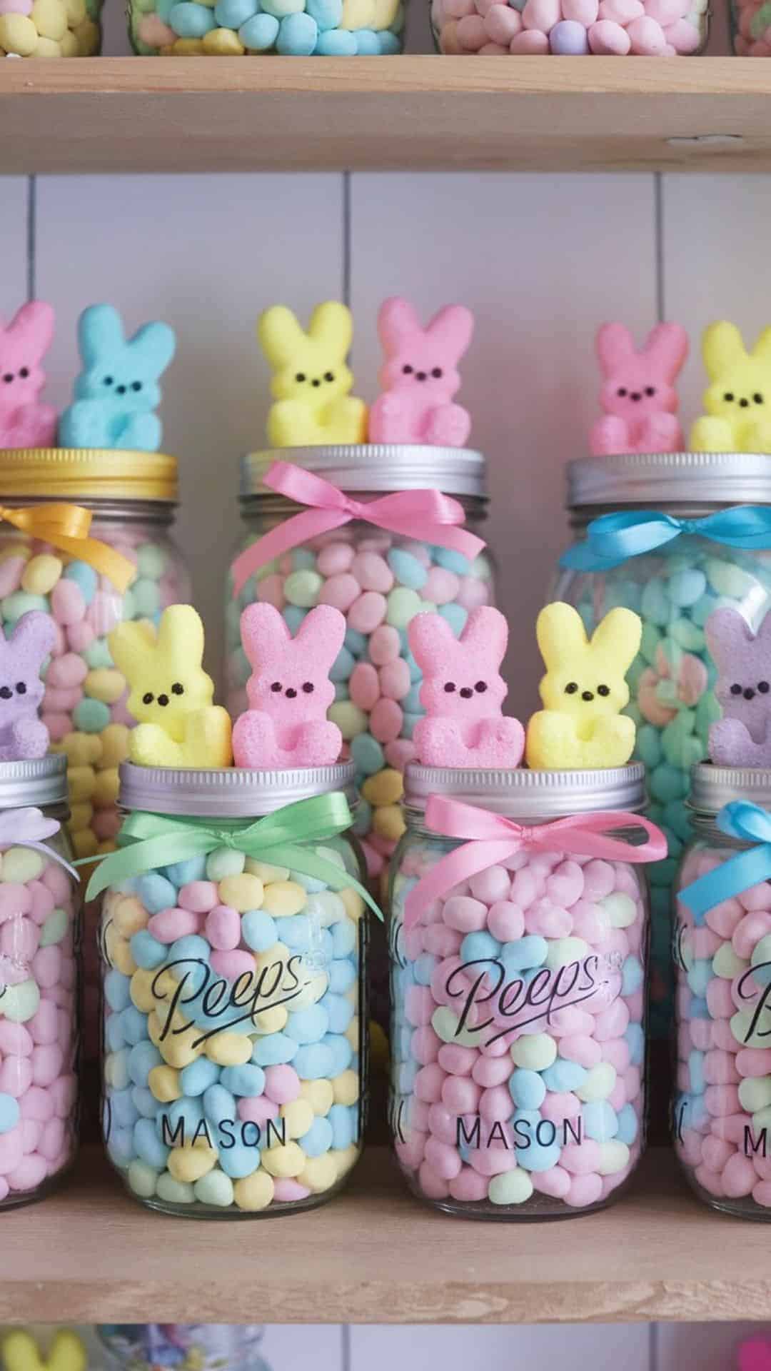mason jar filled with marshmallow Peeps and pastel candies for Easter gift