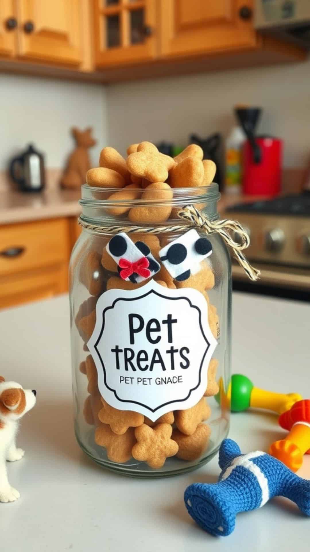 mason jar filled with pet treats decorated with Easter ribbon and tag