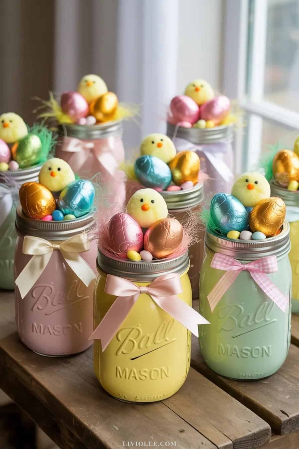 pastel mason jar Easter basket filled with candy and decorative grass