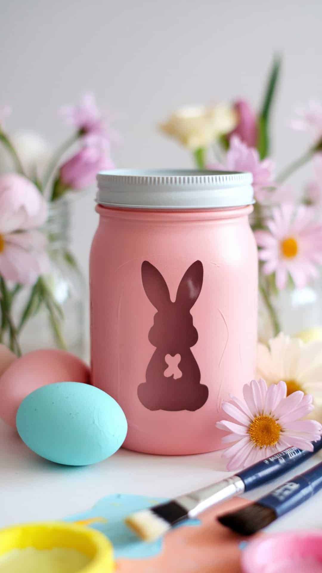 pastel mason jar with bunny silhouette design used as Easter decoration