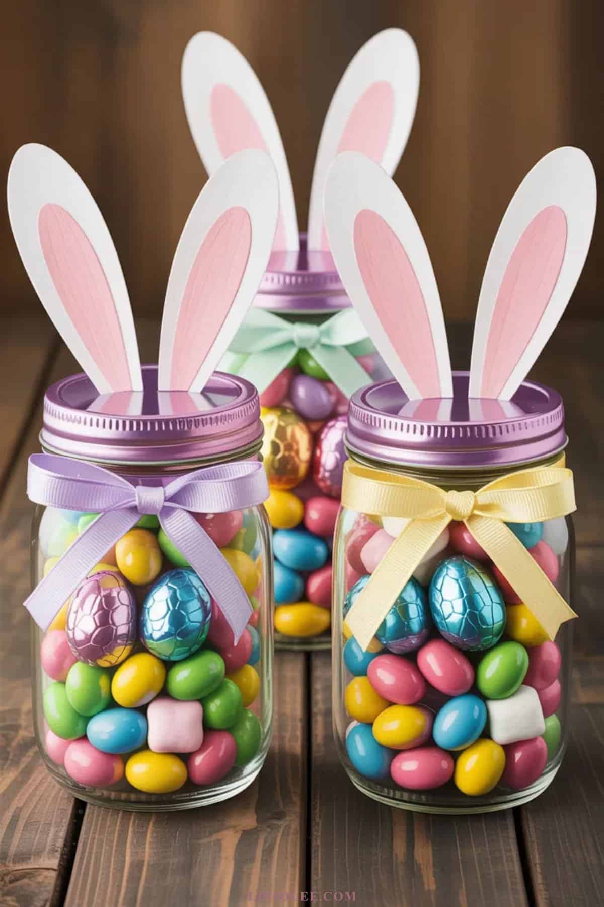 bunny treat mason jar filled with colorful Easter candy and bunny ears