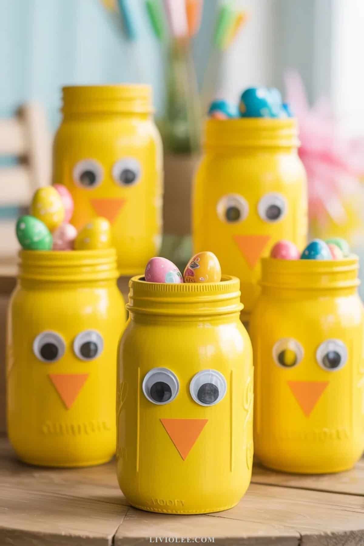 yellow chick mason jar Easter craft with googly eyes and orange beak on spring craft table