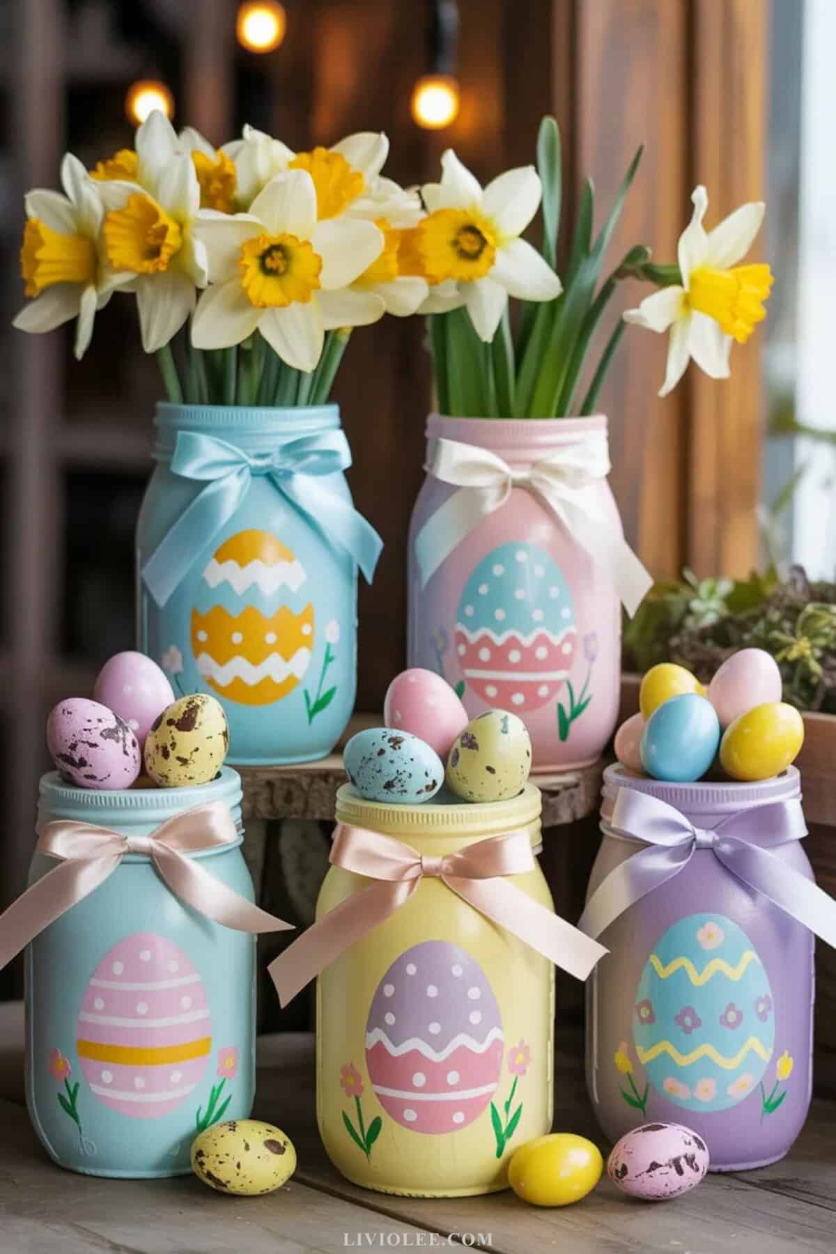 pastel painted mason jars with Easter egg patterns displayed with spring flowers