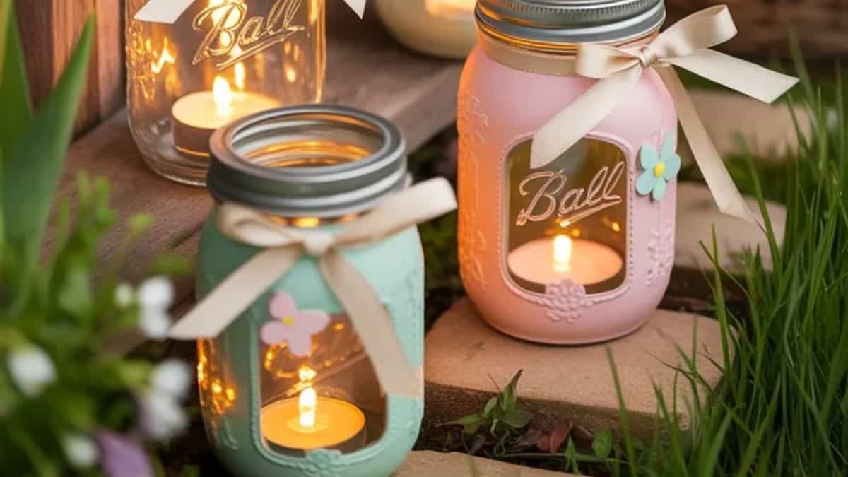easter mason jar crafts - mason jar luminaries glowing with candles during spring evening