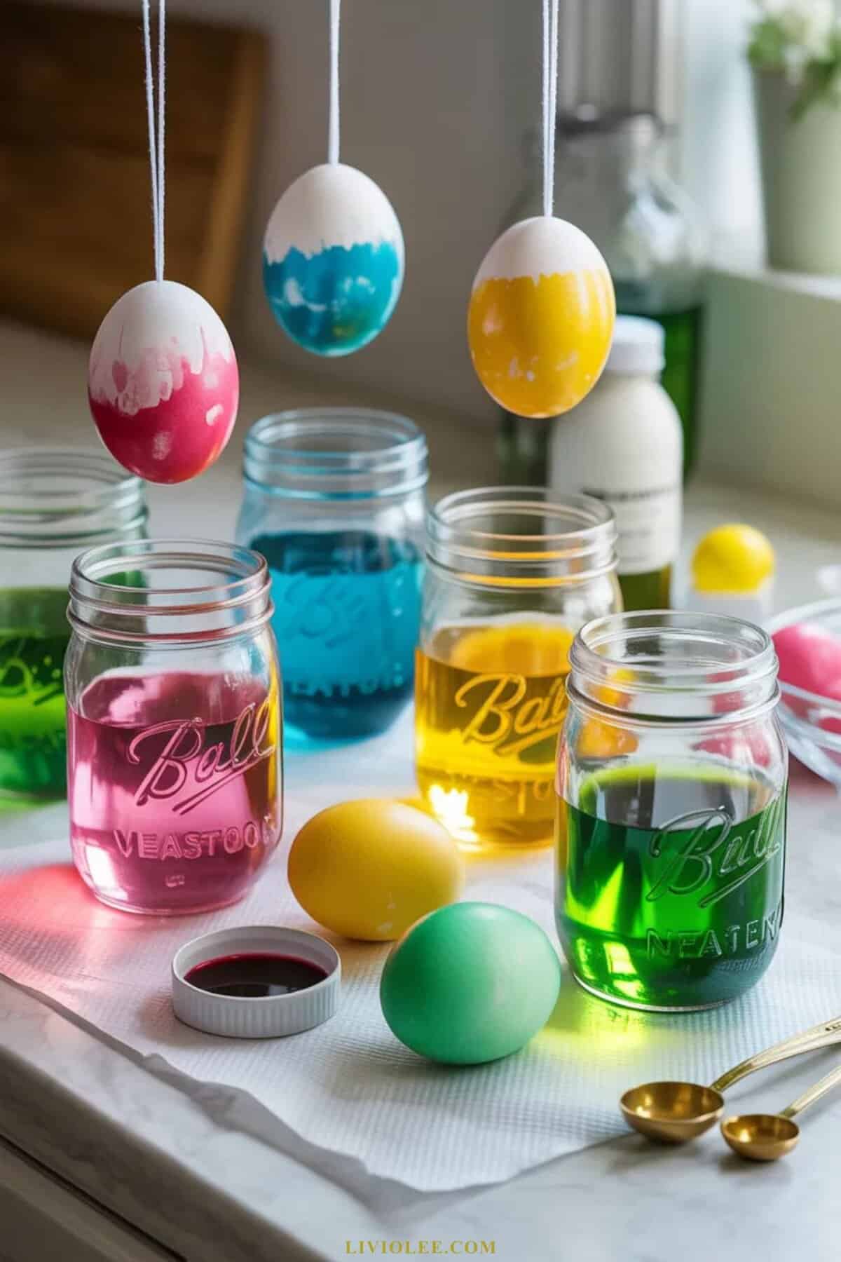 mason jars used as Easter egg dyeing kits with colorful dye and eggs