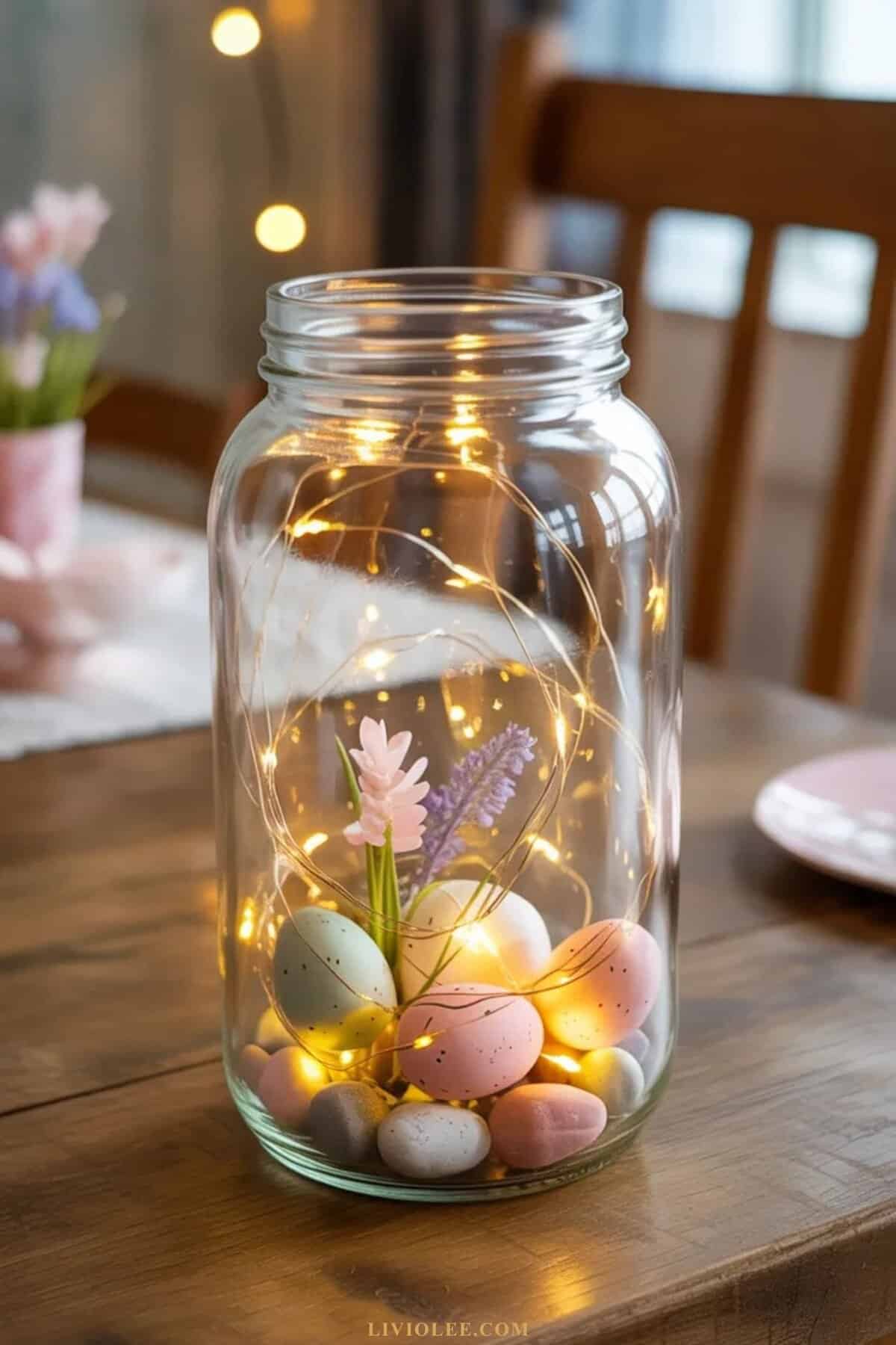 mason jar filled with fairy lights creating glowing Easter decoration