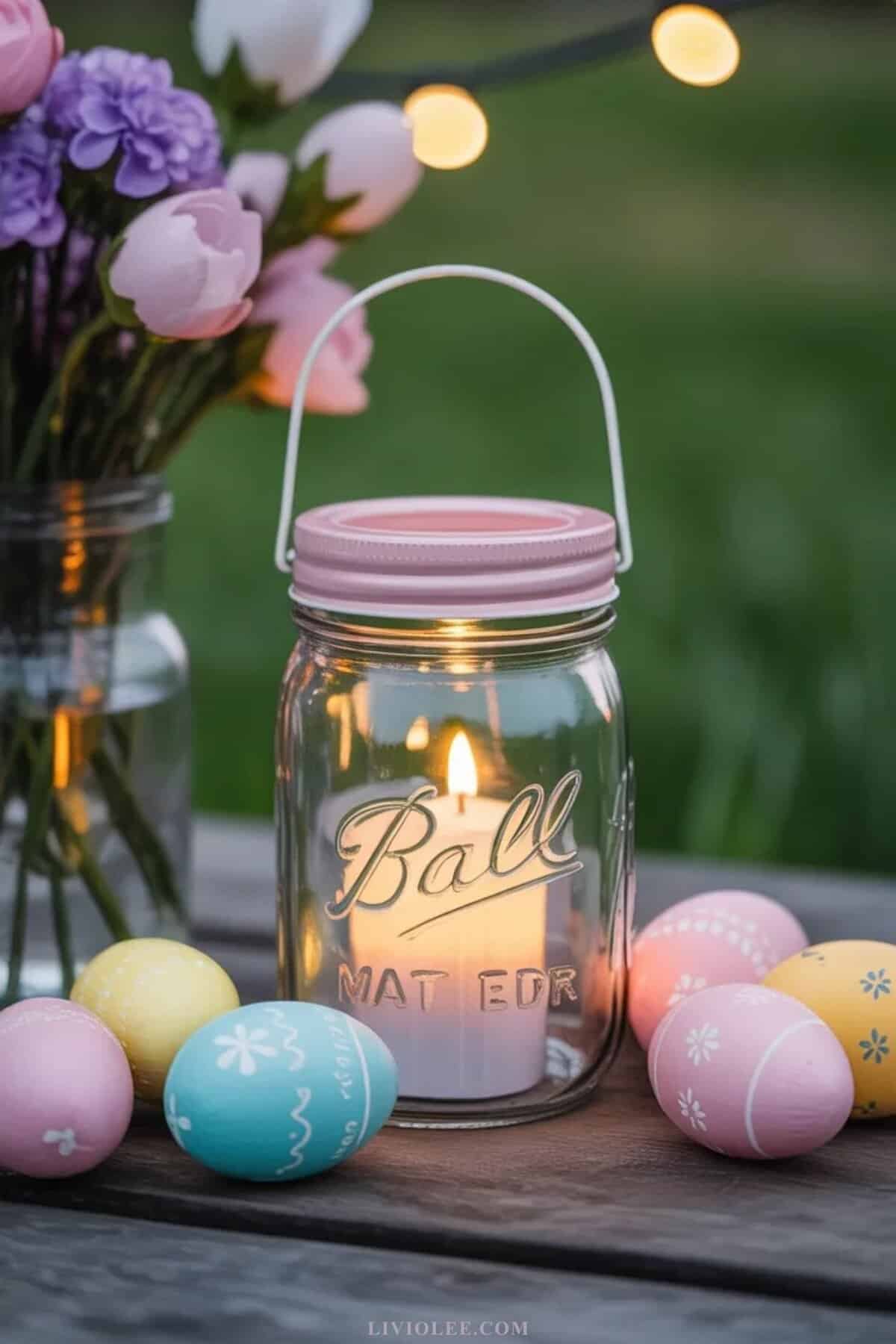 Easter mason jar lantern glowing with LED candle and pastel decorations