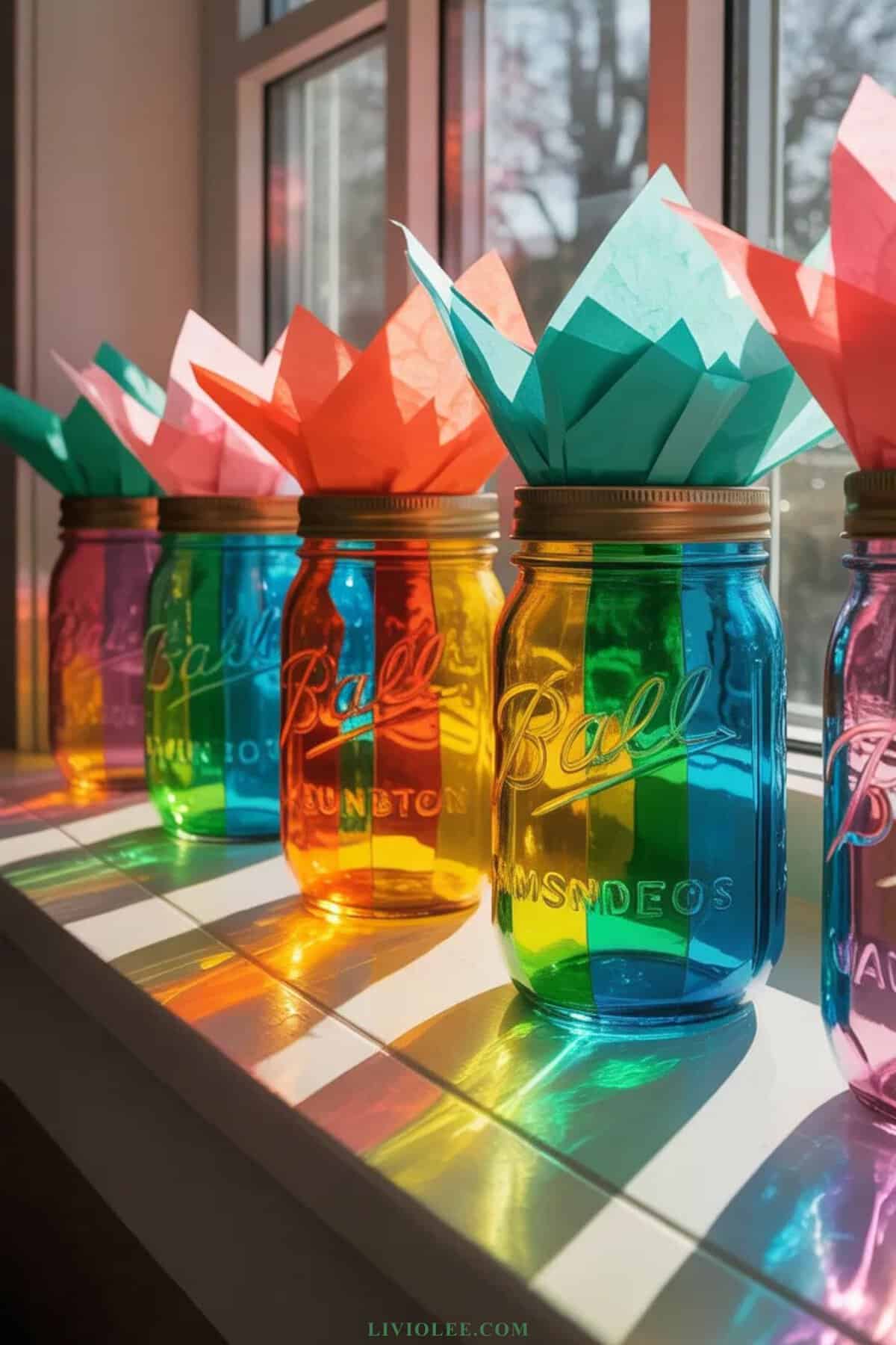 colorful mason jar suncatcher craft glowing in sunlight
