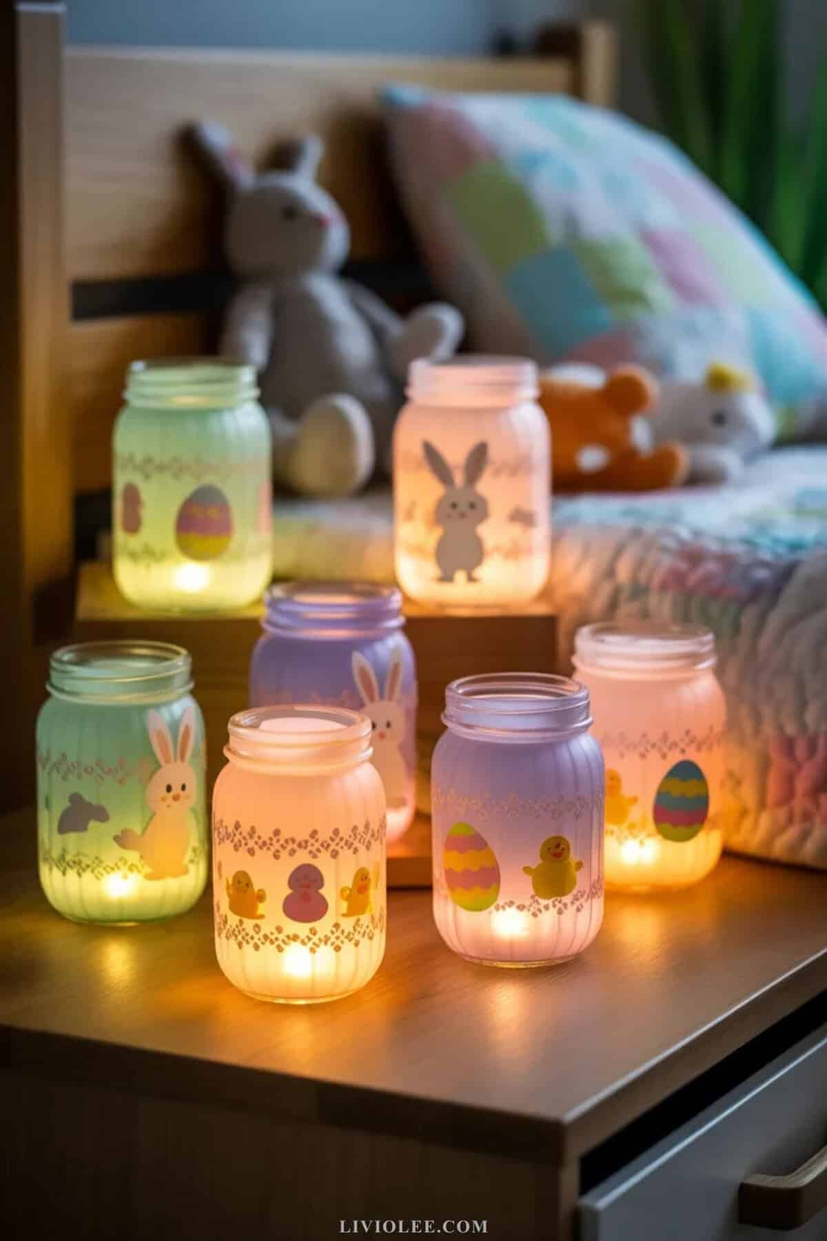 mason jar nightlight decorated for Easter glowing with LED candle