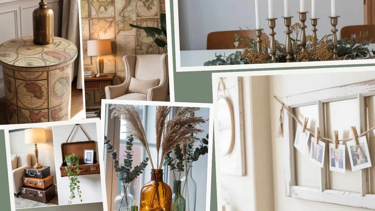 collection of flea market finds repurposed into home decor