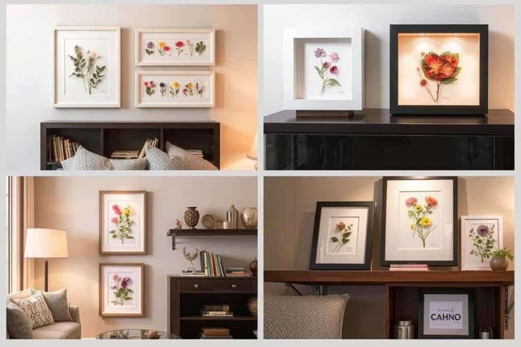 various framing and display options for pressed flower art in a home setting