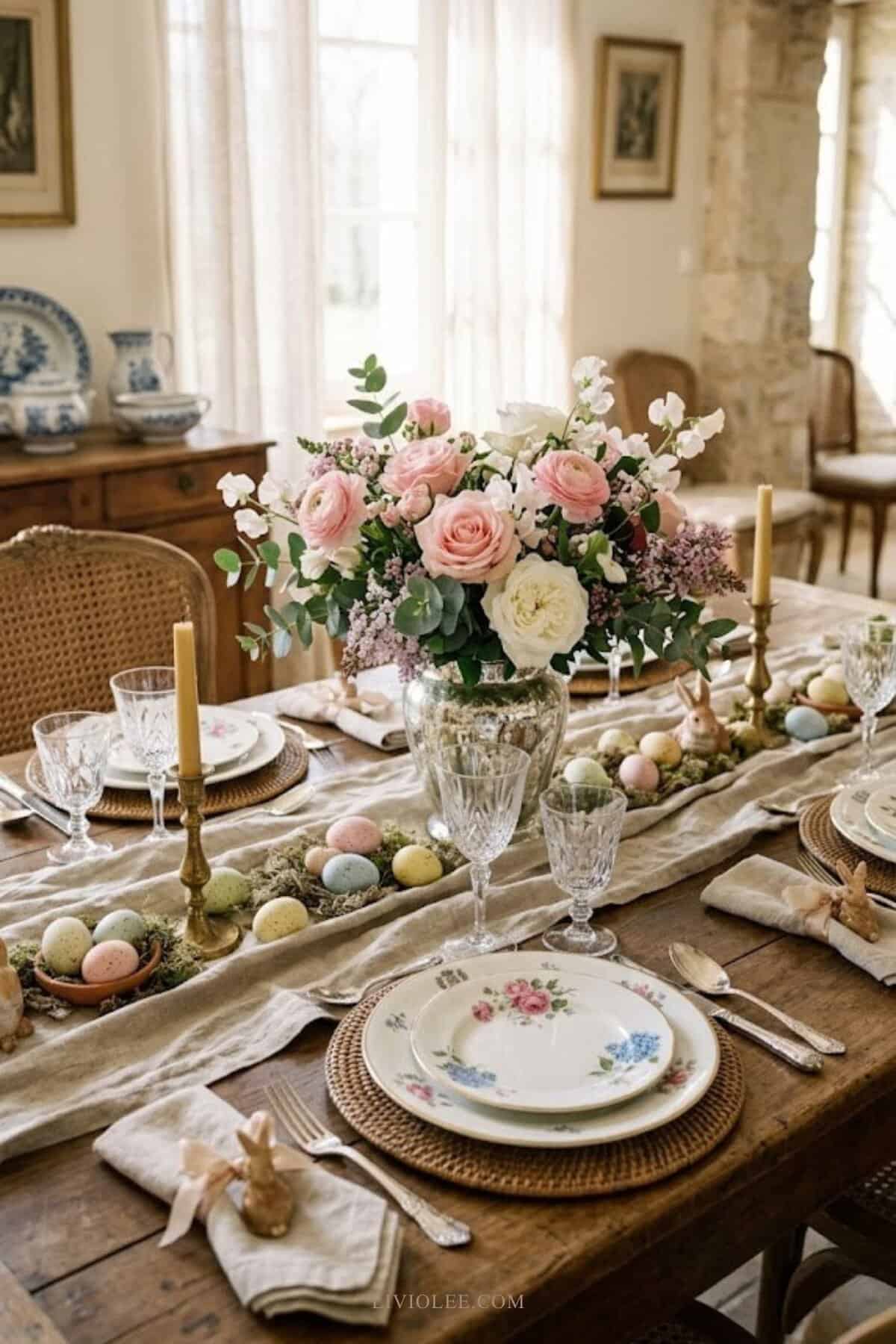 French spring Easter tablescape with vintage dishes, soft pink flowers, linen runner, and romantic spring styling