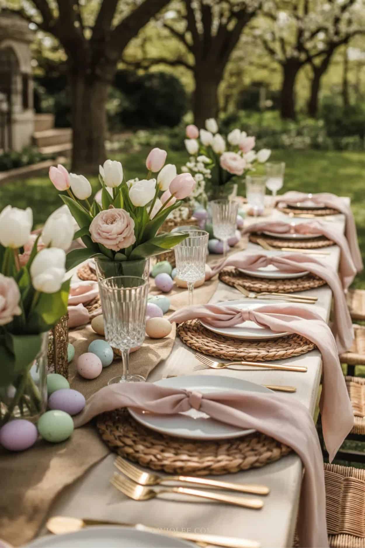 Elegant outdoor Easter tablescape styled for a garden party with fresh flowers, pastel eggs, gold cutlery