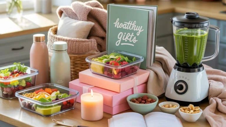 colorful gift ideas for a weight loss journey including meal prep containers, smoothie blender, healthy cookbook, and self-care items