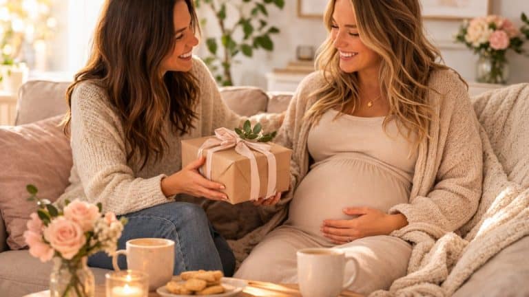 Pregnant woman sitting with a friend in a cozy living room receiving a gift