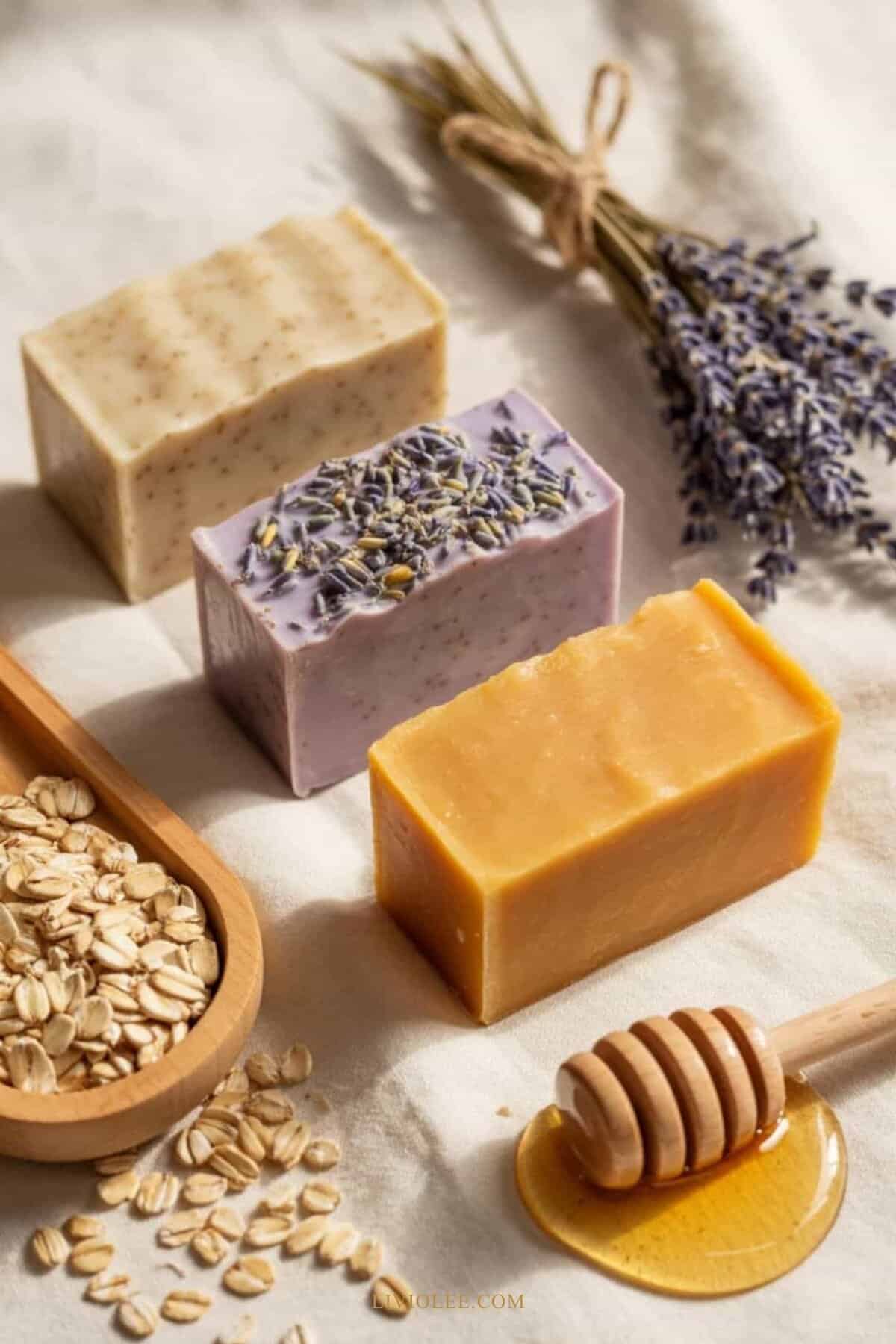 goat’s milk soap bars with oatmeal, honey, and lavender ingredients
